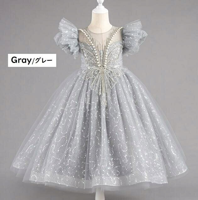 Rakuten - 子供ドレス　ピアノ発表会ドレス　子供フォーマルドレス　フラワーガール　女の子ドレス　プリンセスドレス　七五三撮影ドレス　スコンクールドレス　演奏会　お誕生会　結婚式　キッズドレス　ホワイト　グレー　ゴールド　120cm ~170cm