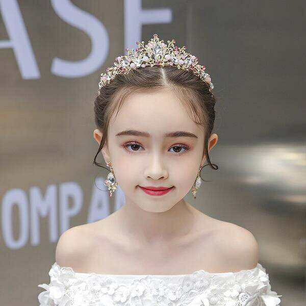 Rakuten - 【6/4スーパーセール限定ポイント10倍】子供髪飾り 花 リーフ パール 小花モチーフ カチューシャ ウエディング ヘッドドレス フラワーティアラ 女の子用　髪飾り 子供 ピアノ発表会　 ヘアアクセサリー 結婚式 コンクール パーティー　ティアラ +イヤリングつき2点セット