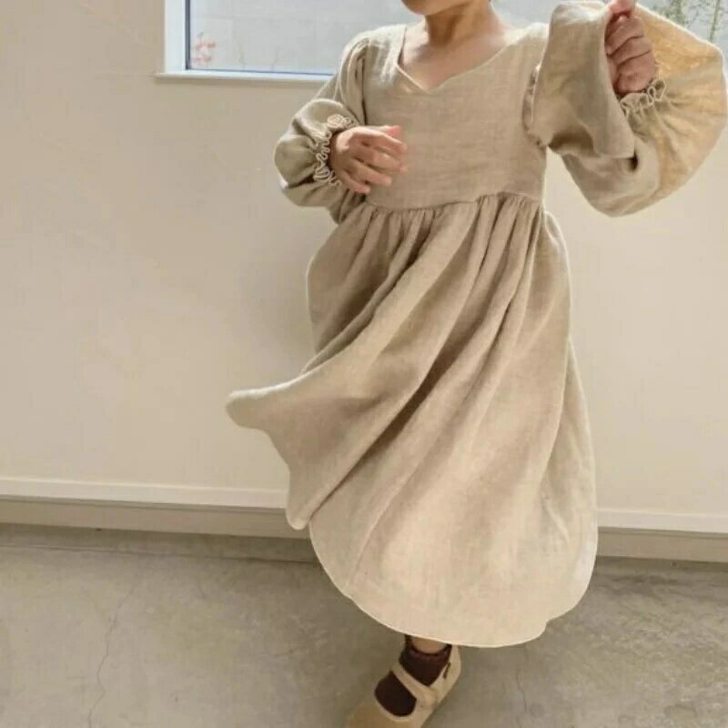 樂天商城 - キッズ　コットンリネンワイドスリーブワンピース　韓国子供服　90cm〜130cm