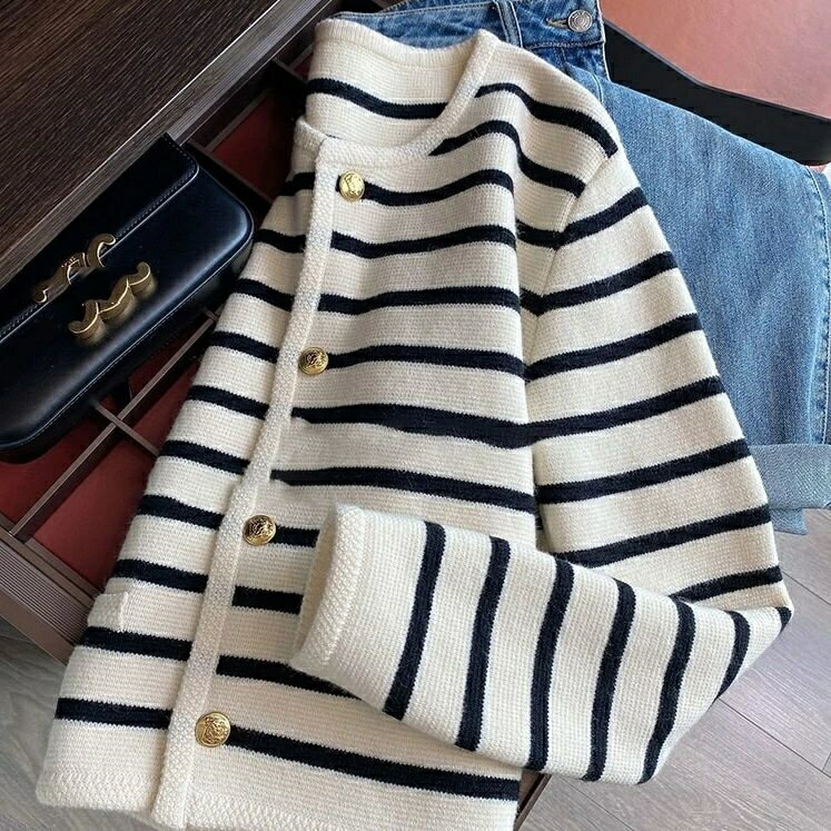 Rakuten - レディース　ボーダーニットカーディガン　　韓国レディース服　S〜2XL