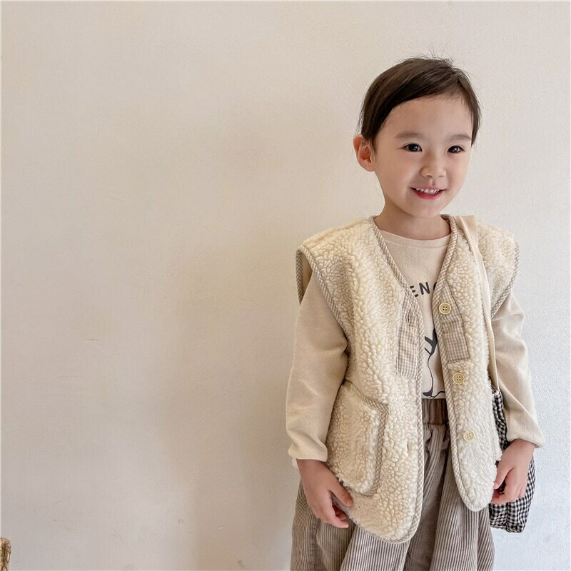 Rakuten - 2カラー　もこもこチェックベスト　韓国子供服　80cm〜130cm