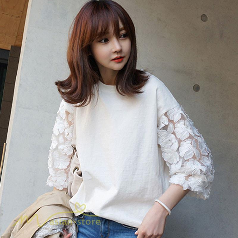 Rakuten - tシャツ Tシャツ レディース 七分袖 夏物 トップス レース切り替え 丸首 白 可愛い 20代30代 夏ティー 40代50代60代 通学通勤 シャツ カジュアル 白tシャツ