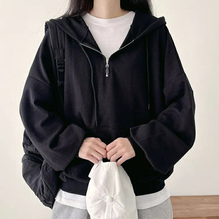 樂天商城 - パーカーフード付き レディース長袖秋物 プルオーバートップス ジップ付き アウタージャケット ゆったり 裏起毛あり 秋冬 春秋 体型カバー 韓国ファッション