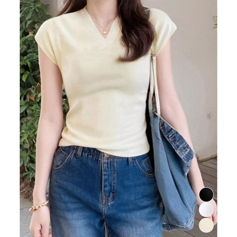 素材：レーヨン89%+ナイロン11%カラー：ブラック/ホワイト/アイボリーサイズ：ワンサイズ着丈:約47cm ゆき:約20cm 身幅:約32cm 胸囲:約64-100cm裏地：なし伸縮性：あり透け感：淡色のみややあり※ニット素材の為、伸縮具合によっては編みに隙間を感じる場合があります生産国：中国レディース Vネック おしゃれ夏服 カジュアル スリムフィットニットソー 無地 細身ニットTシャツ 薄手タイト夏トップスシンプルなVネックとフレンチスリーブのサマーニットトップスほどよいフィット感のあるシルエットで、女性らしさをさりげなくプラスデニムやワイドパンツと合わせれば、大人のカジュアルスタイルにぴったりシンプルなVネックとフレンチスリーブのサマーニットトップスほどよいフィット感のあるシルエットで、女性らしさをさりげなくプラスデニムやワイドパンツと合わせれば、大人のカジュアルスタイルにぴったり