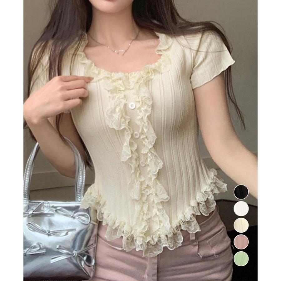樂天商城 - レースフリルニットトップスショート丈夏服