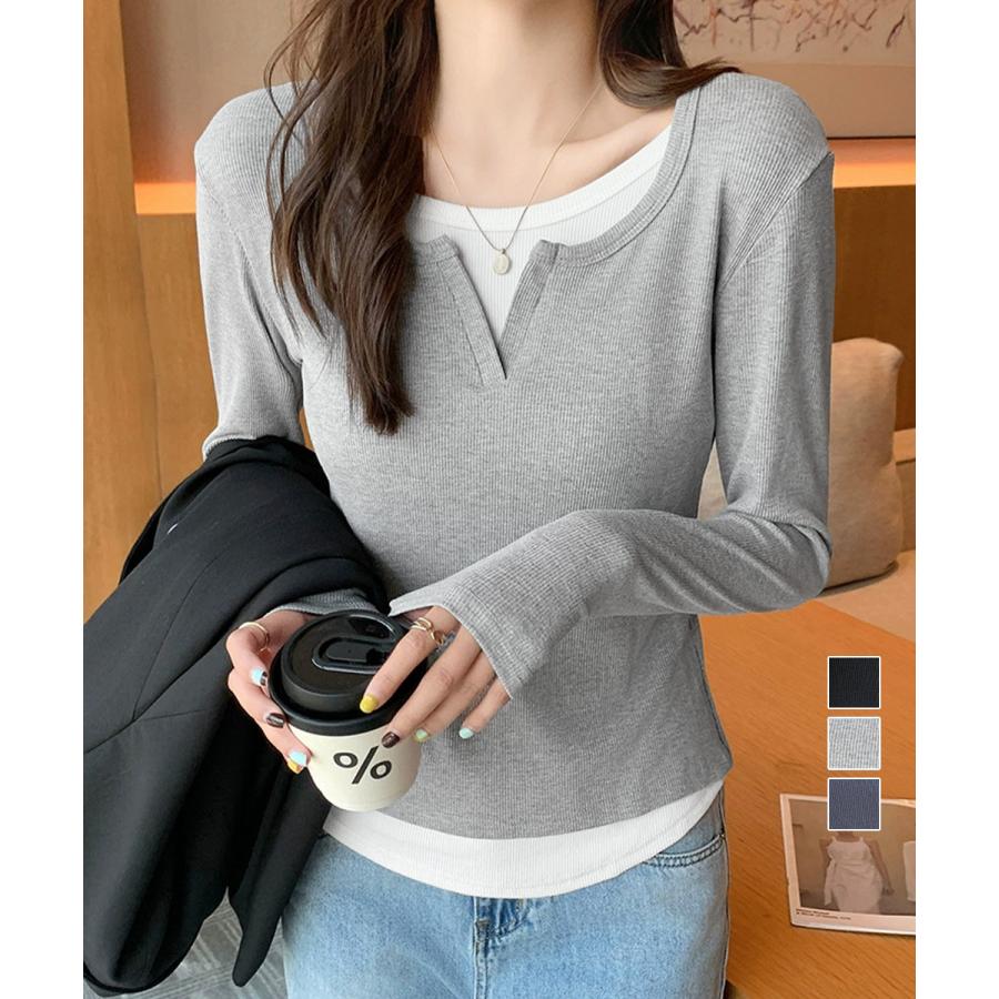Rakuten - レイヤード風Tシャツ スリットネック秋服