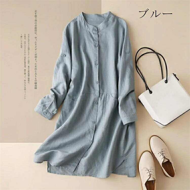 どぅいっとストアの綿 チュニック シャツ 長袖 大きいサイズ カーディガン ロング 羽織 白シャツ 前開き ロングシャツ 立ち襟 バンドカラー ボタン 長袖チュニック スタンドカラー 開襟 無地 体型カバー スリット入り 羽織りもの トップス 春 秋 夏 リネン風 カジュアル｜アングル2