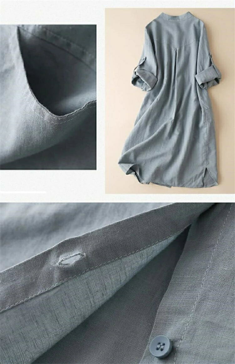 どぅいっとストアの綿 チュニック シャツ 長袖 大きいサイズ カーディガン ロング 羽織 白シャツ 前開き ロングシャツ 立ち襟 バンドカラー ボタン 長袖チュニック スタンドカラー 開襟 無地 体型カバー スリット入り 羽織りもの トップス 春 秋 夏 リネン風 カジュアル｜アングル3