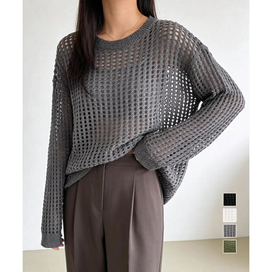 樂天商城 - メッシュニット 透かし編みトップス 長袖【在庫限り】売り尽くしセール
