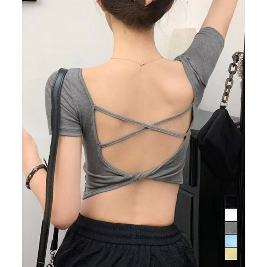 樂天商城 - 背中開きカップ付き半袖Tシャツクロップド
