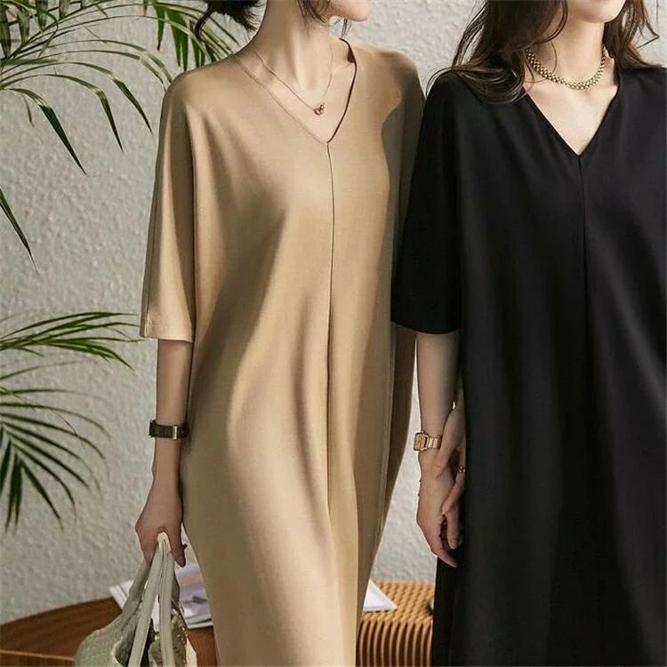 Rakuten - ワンピース ロングワンピ レディース 袖あり 半袖 Tシャツワンピ きれいめ カジュアル ひざ丈 おしゃれ こなれ感 大人 可愛い 五分袖 体型カバー シンプル ワンピ ドレス ベージュ ブラック 黒 春 秋 夏 20代 30代 40代 50代