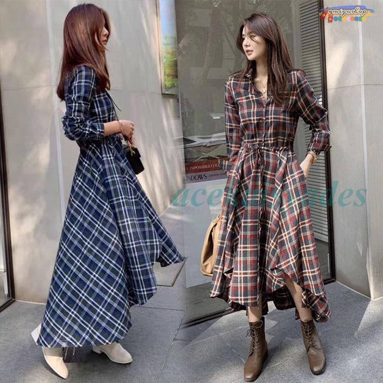 シャツワンピース レディース 40代 秋 チェックワンピース きれいめ 長袖ワンピース 通勤 マキシ丈 マタニティー ワンピース ロング カジュアル