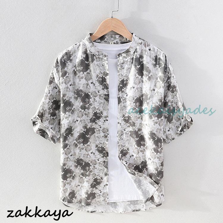 メンズ 半袖シャツ 花柄シャッ リネンシャツ 綿麻 バンドカラーシャツ カジュアルシャツ 詰襟 涼しい ..