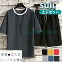 メンズ 半袖上下セット セットアップ カジュアル 夏服 ボトムス 半ズボン 短パン クールネック ジャージ 軽量 柔らか ひんやり さわやか 薄手