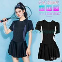 ワンピース 水着 レディース 体型カバー フィットネス ワンピース オールインワン 韓国 大きいサイズ 2colors 半袖 ピンク ブラック グレー 大人 マ...