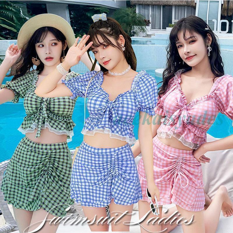 水着レディース 体型カバー 水着 2点セット セパレートショートパンツ チェック柄 水着 韓国風 大きいサイズ 可愛い スイムウェア ママ水着 海水浴 温泉