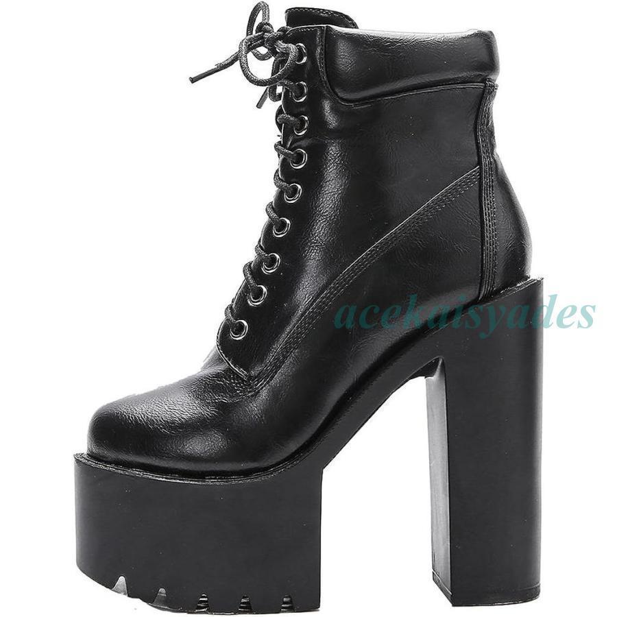 15CM 厚底 ショートブーツ 太ヒール 編み上げブーツ レースアップ ブーツ ハイヒール 袴ブーツ 卒業式 ..