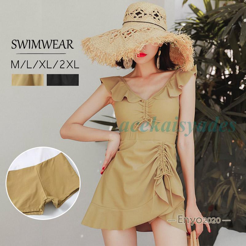 水着 レディース ワンピース水着 フリル付き フレア 夏 おしゃれ 小胸 ママ水着 バンドゥ 日焼け防止 大きいサイズ 体型カバー キレイめ 20代 スイムウェ...