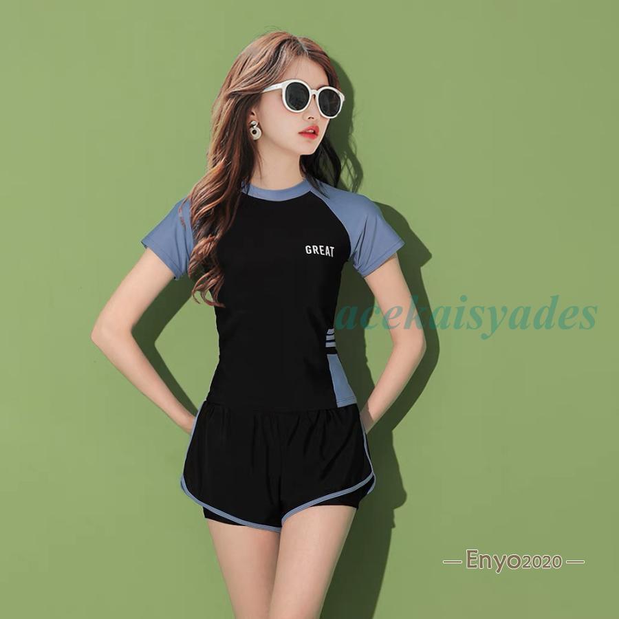 水着 レディース 体型カバー フィットネス水着 韓国風 20代 40代 ママ水着 胸パッド付きおしゃれ かわいい 女性用 2点セット 小胸 盛れる 黒 スクール...