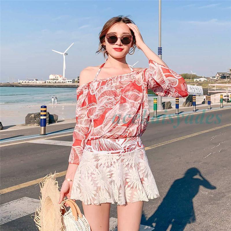 水着 レディース 体型カバー 3点セット ハイネック ビキニ 花柄 パレオ スカート リゾート韓国 ファッション おしゃれ 着痩せ 海水浴 [2]