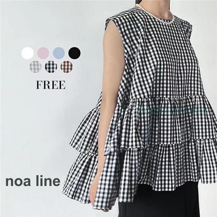 ブラウス トップス レディース ノースリーブ フレア 体型カバー オフィス カジュアル きれいめ お洒落 春 夏 レイヤード フリル Uネック ラウンドネック