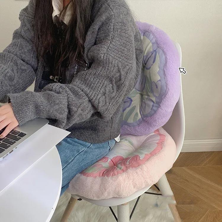 起毛 花柄 椅子 丸 かわいい 暖かい 40cm ふわふわ チェアパッド 厚手 クッション ファー 座布団 低反発 極厚 チェアクッション 秋冬 形 2