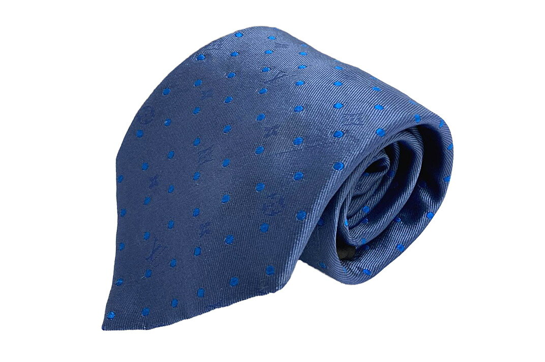 LOUISVUITTON(ルイヴィトン）ネクタイ モノグラムフラワー ドット ブルー シルク 外箱付き【中古】【人気】【美品】.7195.