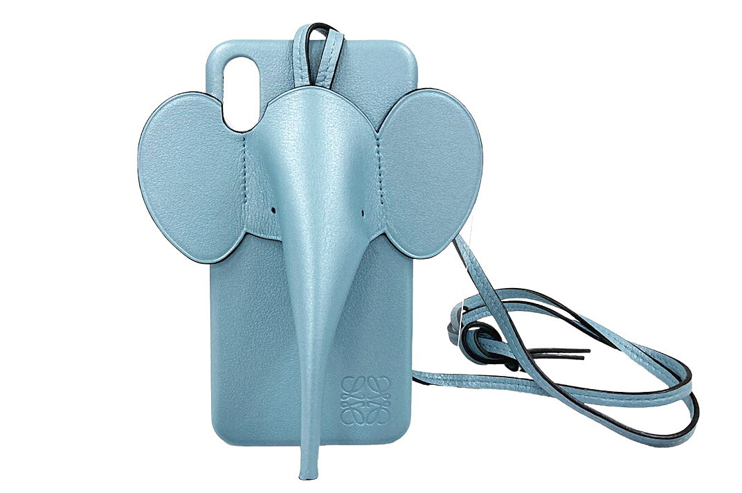 LOEWE(ロエベ) スマホカバー エレファンド レザー ブルー ブルグレ 外箱・ 袋・ストラップ付き【中古】【人気】【美品】2865.