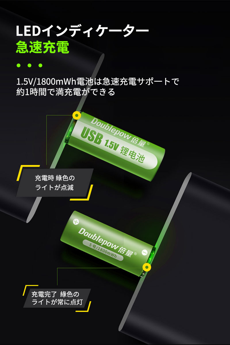＼5倍ポイント／単三電池 充電式 4本セット 約1500回使用可能 1800mWh 1.5V定出力 リチウムイオン 単3形充電式電池 急速充電 保護回路付き エコ AA電池 電池ケース付属