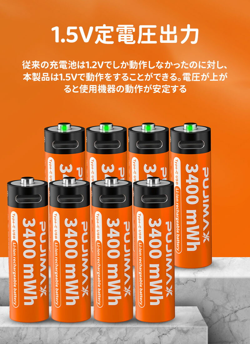 ＼5倍ポイント／単三電池 充電式 4本セット 約1500回使用可能 3400mWh 1.5V定出力 リチウムイオン 単3形充電式電池 急速充電 保護回路付き エコ AA電池 TYPE-C充電ケーブル付き