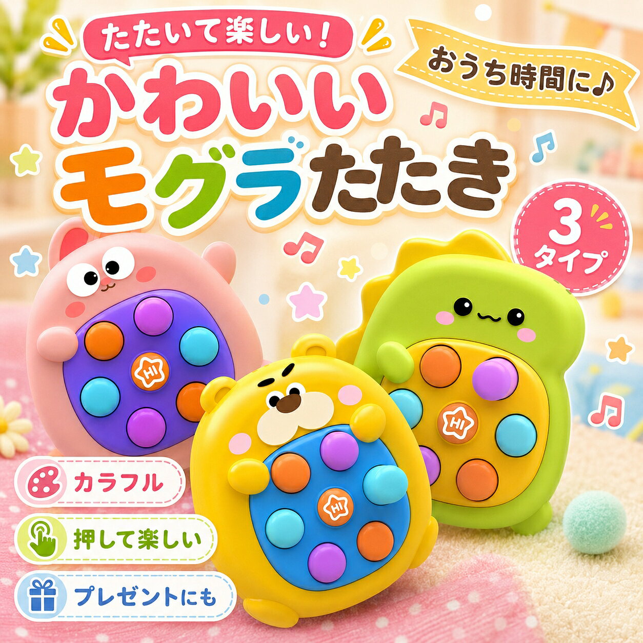 キュートミニモグラたたき 知育おもちゃ かわいい動物フォルムで、手軽にストレス発散 お子様から大人まで、いつでもどこでも楽しめる人気ミニおもちゃです。 【商品特徴】 【たたいて楽しい！モグラたたきでストレス解消】 指で押すとボタンが飛び出す、シンプルで癖になるモグラたたき遊び。 指先を使う動作は集中力や手先の器用さを養う知育遊びとしても、大人のストレス発散・リラックスタイムにもぴったりです。 【電池不要！いつでもどこでも遊べる】 電池や充電が不要なので、壊れる心配なく長く使えます。 自宅でのリラックスタイムはもちろん、お出かけ先の待ち時間や通勤中の暇つぶしにも最適です。 【丈夫で衝撃に強い素材】 耐衝撃性に優れたプラスチック素材を使用。 落としても壊れにくく、子どもが乱暴に扱っても安心して遊べます。 【コンパクトで持ち運びラクラク】 手のひらサイズで、バッグやポケットにすっぽり収まります。 付属のストラップを付ければ、バッグに吊るして持ち運ぶことも可能です。 【指先遊びで知育効果も期待】 ボタンを押す動作は、指先の運動能力や手と目の協調性を養うのに役立ちます。 幼児期のおもちゃとして、遊びながら脳を刺激できます。 【スムーズな押し心地】 ボタンの動きが滑らかで、押したときのクリック感が気持ちいい！ 指に負担が少なく、長時間遊んでも疲れにくい設計です。 【こんなシーンに大活躍】 ・おうち時間のリラックス、暇つぶしに ・オフィスでのちょっとしたストレス解消に ・外出先・移動中のお子様のぐずり対策に ・知育玩具、手指トレーニングとして ・インテリアやチャームとして飾っても可愛い キュートな見た目と飽きのこない楽しさで、 プレゼントにもぴったりのアイテムです メーカー希望小売価格はメーカーカタログに基づいて掲載しています