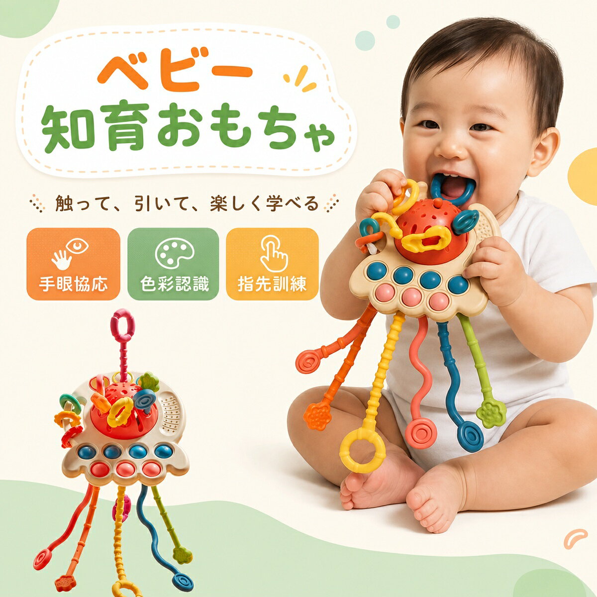 【1台で5役！指先と集中力を育むモンテッソーリ玩具】プルアップ／プルダウン／バンプ＆デント／ボールプレス／スライドビーズの5種類の遊びを一体化。引っぱる押すはめる転がす動きで、指先の巧緻性、手眼協調、注意力、色認識を楽しくトレーニングできます。【安全素材＆丸み設計】食品グレードのシリコン＋ABS素材。角のない丸みを帯びたエッジで安心。なめても噛んでもOK、水洗い高温消毒にも対応し、清潔に使えます。【音と動きで夢中に】上下に引くと「音」が鳴り、コードが跳ねる様子も楽しい刺激に。プッシュポップの心地よい感触で、繰り返し遊びたくなる仕掛けです。【軽量コンパクトでおでかけに】約160gの軽量設計。小さな手にも持ちやすいサイズで、外出時はバッグに入れて手軽に持ち運び可能。ベビーカーや車内時間の相棒にも。【ギフトに人気】出産祝いお誕生日入園祝いクリスマスなどの贈り物に。男女問わず喜ばれるユニセックスデザインです。【商品仕様】商品名：クレーおもちゃ（UFO風モンテッソーリ玩具）タイプ：5タイプから選べる材質：ABS＋食品グレードシリコン対象年齢：1歳以上生産地：中国【使用上の注意】必ず保護者の目の届く場所で使用してください。小さな部品はありませんが、口に入れる恐れがあります。火気高温のそばで使用しないでください。異常がある場合は使用を中止してください。説明書は付属しておりません。【ご案内】新品でも輸入品のため微細な傷汚れがある場合があります。仕様外観は予告なく変更となる場合があります。モニター環境により色味が異なる場合があります。初期不良は交換または返品対応いたします。おすすめポイント5つの遊びが1台に集約（プルプッシュスライドなど）食品グレードシリコン＋ABSの安全素材指先トレ＆集中力アップに効果的軽量約160gおでかけに最適SNS大人気／ランキング上位／送料無料ベビー向けおもちゃ / 知育玩具 / 教育おもちゃ / 音の出るおもちゃ / UFO / クレーおもちゃ / 空飛ぶ円盤 / 紐おもちゃ / 指先訓練 / 指先トレ / プッシュポップ / 男の子 / 女の子 / 出産祝い / 誕生日 / クリスマス / 1歳 2歳 3歳 4歳