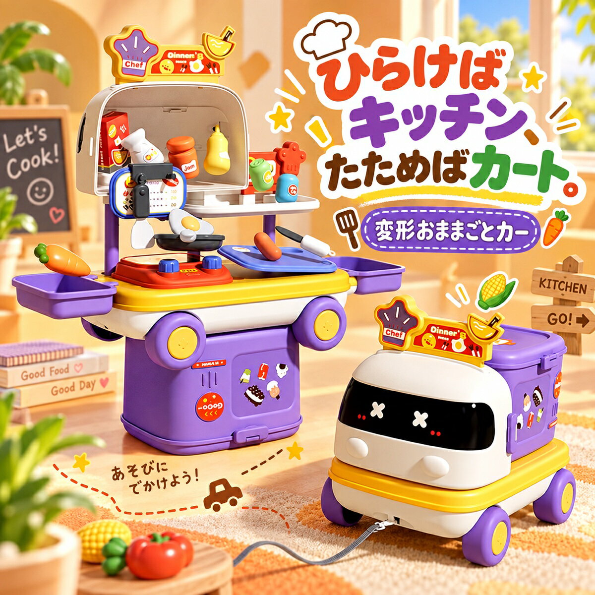 【開けば楽しいごっこ遊びカート】 カートを広げてパーツを並べると、子供だけのお店や仕事場が完成します。お医者さん、美容、キッチンのテーマに合わせて、役になりきる遊びを楽しめます。 【選べる3つの遊びテーマ】 診察道具がそろうお医者さんセット、おしゃれを楽しむメイクセット、料理をまねできるキッチンセットをご用意しました。興味や好みに合わせて選べます。 【遊びが広がる27点・30点セット】 お医者さんとおしゃれタイプは各27点、キッチンタイプは30点の豊富な内容です。細かな道具や食材、アクセサリーを使い分け、毎回違う物語を作れます。 【引いてお部屋を小さな旅へ】 持ち手と車輪が付いたカート型で、好きな場所までころころ引いて移動できます。遊ぶ場所を変えながら、ごっこ遊びの世界を家中へ広げられます。 【遊んだ後は収納ボックスに変形】 本体内部へ付属品をまとめて収納でき、遊び終わった後の片付けも練習できます。道具を一か所へ集められるため、紛失を防ぎやすく保管もすっきりします。 【丸みのある子供にやさしい設計】 手に触れる部分は角を抑えた丸みのある形で、高品質ABS樹脂を使用しています。親子のコミュニケーションや誕生日、クリスマスの贈り物にもおすすめです。 【商品仕様】 商品名：変形おままごとカート タイプ：お医者さん／おしゃれ／キッチン セット数：お医者さん27点、おしゃれ27点、キッチン30点 素材：ABS樹脂 仕様：持ち手、車輪、収納ボックス、変形式 対象年齢：商品パッケージ・画像参照 内容：カート本体、テーマ別付属品 【ご注意】 ※ご購入前に、タイプ・カラー・サイズ・セット内容をご確認ください。 ※用途以外には使用しないでください。使用前に破損や不具合がないことをご確認ください。 ※小さな部品を含む場合があります。乳幼児やペットの手の届かない場所で使用・保管してください。 ※お子様が使用する場合は、保護者の方の見守りのもとでお使いください。 ※充電・電池を使用する商品は、対応する電源や電池の極性を確認してお使いください。 ※火気、高温多湿、直射日光が長時間当たる場所を避けて使用・保管してください。 ※サイズ・重量は目安であり、多少の誤差や個体差があります。 ※画像の色味はモニター環境や撮影条件により実物と異なって見える場合があります。 【おすすめポイント】 開けば楽しいごっこ遊びカート 選べる3つの遊びテーマ 遊びが広がる27点・30点セット 引いてお部屋を小さな旅へ 遊んだ後は収納ボックスに変形 丸みのある子供にやさしい設計 【キーワード】 おままごと / ごっこ遊び / おままごとカート / キャリーカート / 変形おもちゃ / 収納ボックス / 車輪付き / 持ち手付き / お医者さんごっこ / ドクターセット / 美容ごっこ / メイクごっこ / おしゃれごっこ / キッチンごっこ / 料理ごっこ / 27点セット / 30点セット / 多点セット / ABS樹脂 / 知育玩具 / 役割遊び / 片付け / 収納 / 子供 / キッズ / 幼児 / 男の子 / 女の子 / 親子遊び / 室内遊び / 誕生日 / クリスマス / プレゼント / ギフト / 3タイプ メーカー希望小売価格はメーカーカタログに基づいて掲載しています