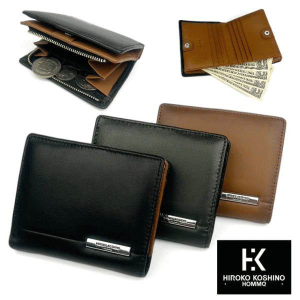 B, F, H, P - 財布 コシノヒロコ 財布 本革 L字 ラウンドファスナー 財布 小銭入れ有り HH-AA013 ブラック色 キャメル色 カーキ色