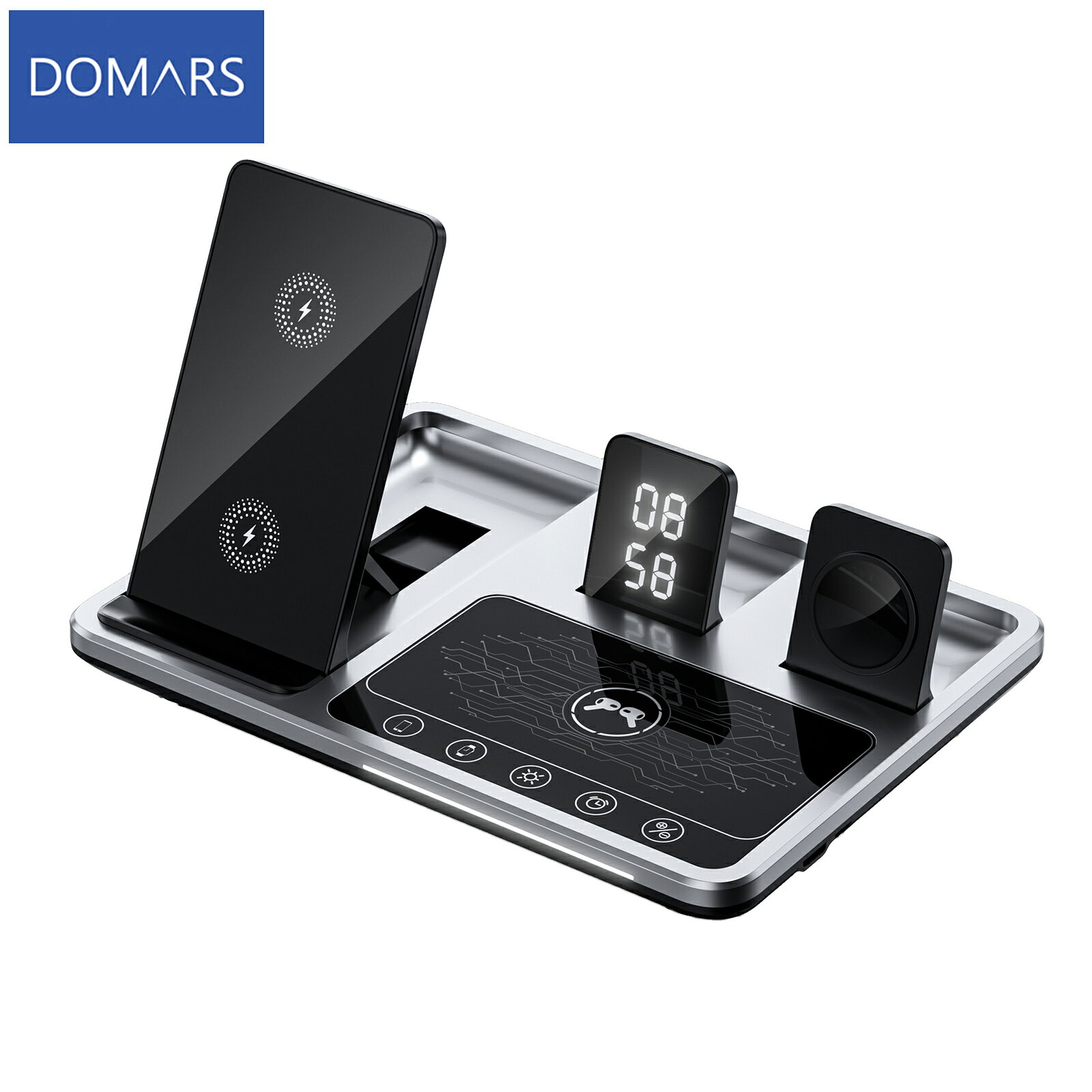 Domars ワイヤレス充電器 4in1 充電器 充電スタンド 30W 超高速充電 マグセーフ対応 同時に3つのデバイス充電 折りたたみ式 白色LEDデジタル時計