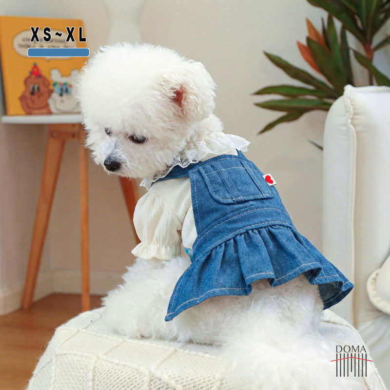 Rakuten - 【マラソン限定10%OFF】【SNS映え】犬 服 ワンピース デニム 重ね着風 春夏 女の子 フリル レース 韓国風 ドッグウェア かわいい
