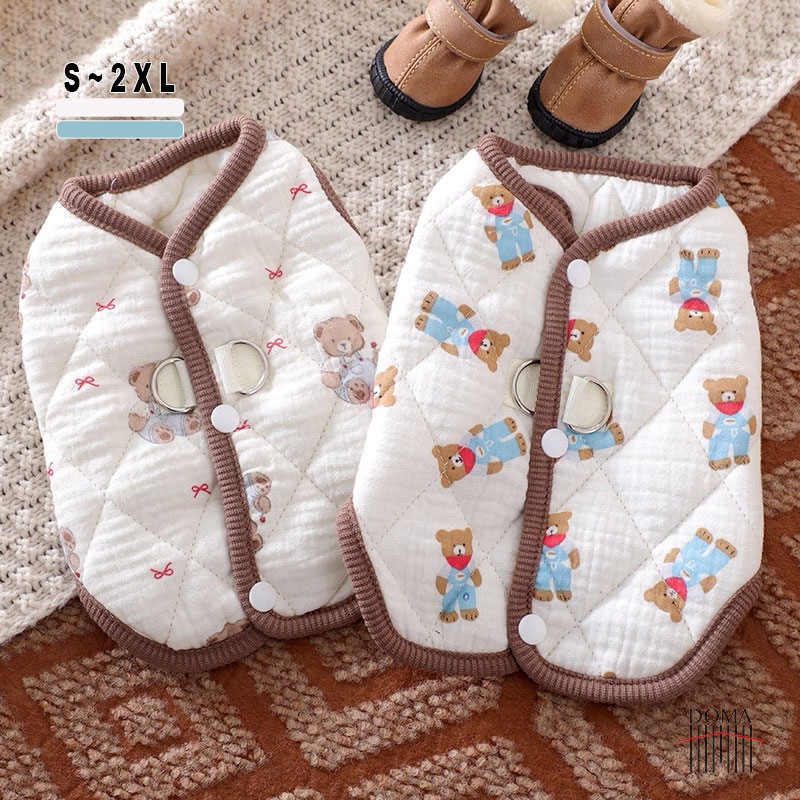 犬服 春秋冬 ドッグウェア ペットウェア ベスト テディベア柄 キルティングDカン付き 綿質 アウター あ..