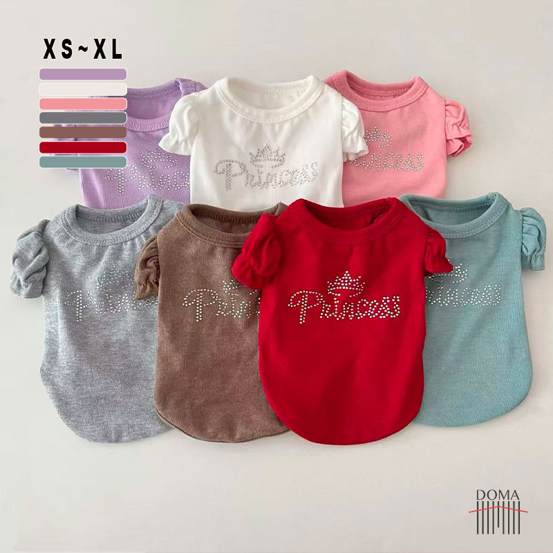 【全6色】犬 服 春夏 秋冬 Tシャツ カットソー ラインストーン Princess パフスリーブ 猫服 小型犬 中型犬 ドッグウェア キラキラ フリル袖 プリンセス 可愛い おしゃれ メス 女の子