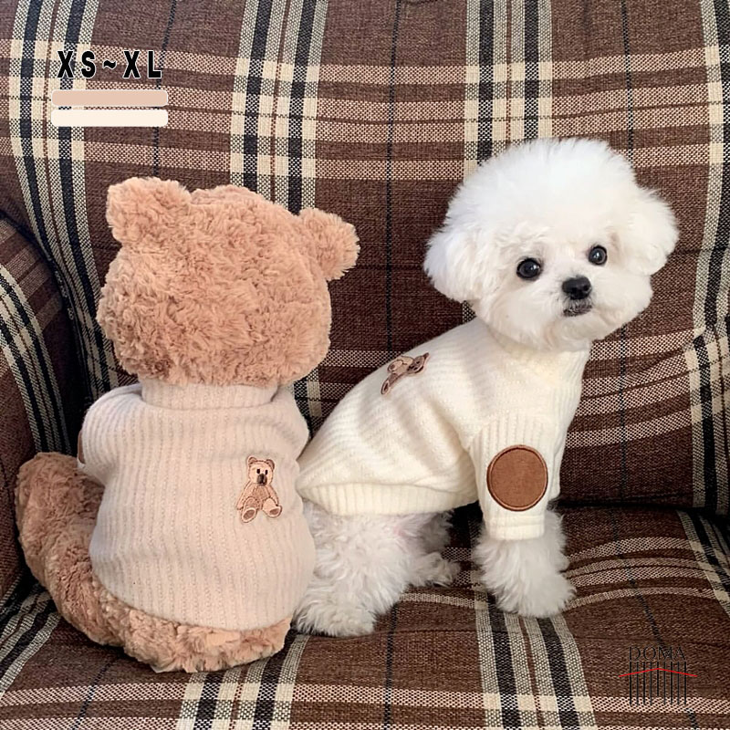 【くまさん刺繍が可愛い】犬 服 秋冬 ニット タートルネック 小型犬 中型犬 リブ くま 刺繍 エルボーパ..