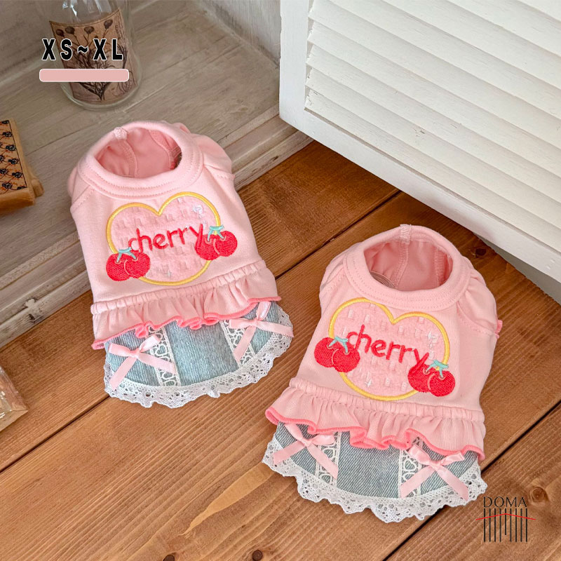 【全商品ポイント5倍】【最旬チェリー】犬服 ワンピース チェリー ハート 刺繍 デニム スカート レース フリル チュチュ ドッグウェア ドレス 春 夏 秋 小型犬 超小型犬 猫 チワワ プードル お洒落 かわいい ペット服 さくらんぼ