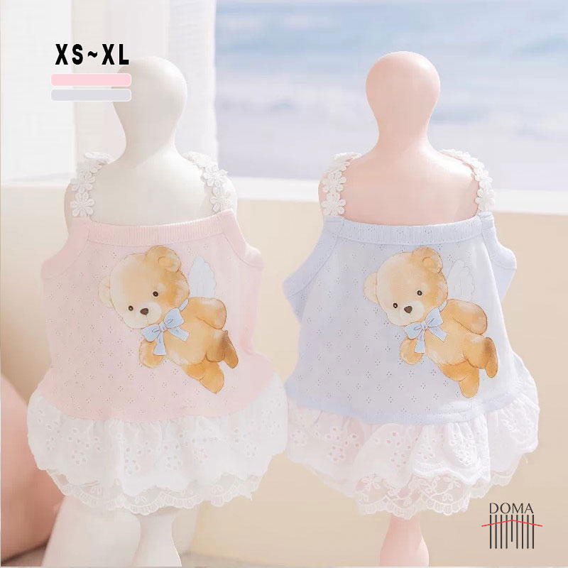 Rakuten - 【全商品ポイント5倍】犬服 ワンピース 夏 小型犬 ドッグウェア 可愛い くま プリント レース フリル コットン 通気性 涼しい ピンク ブルー ペット服 おしゃれ XS S M L XL 春夏 散歩 お出かけ 柔らか素材 人気
