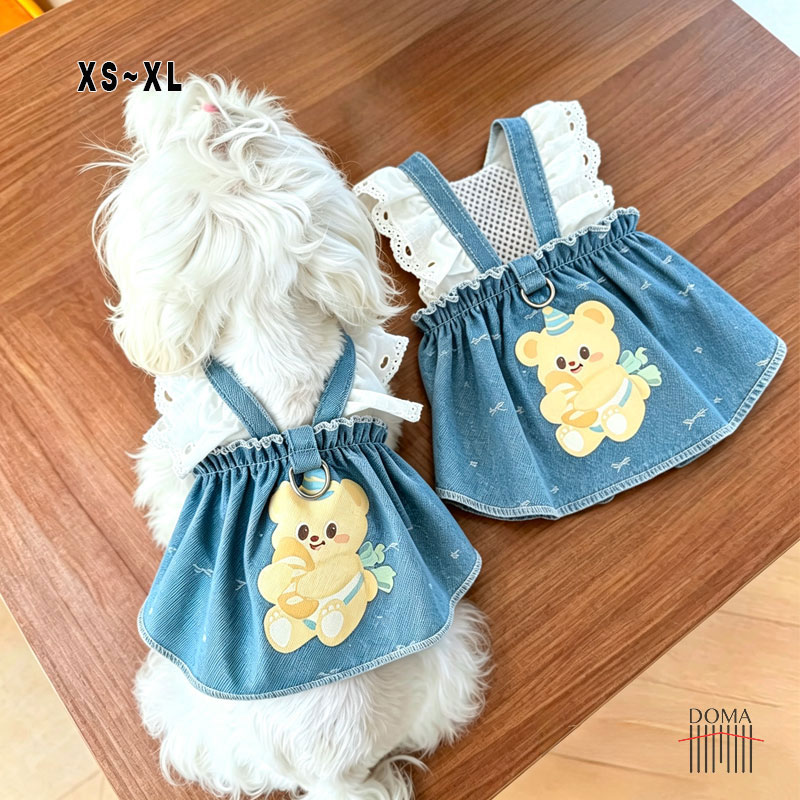 Rakuten - ハーネス一体型 犬服 デニムワンピース クマちゃん フリル レース 犬 服 春夏 夏用 メッシュ 通気性 かわいい おしゃれ 小型犬 超小型犬 猫 スカート Dカン リード取付可能 綿 コットン 涼しい お出かけ グッズ