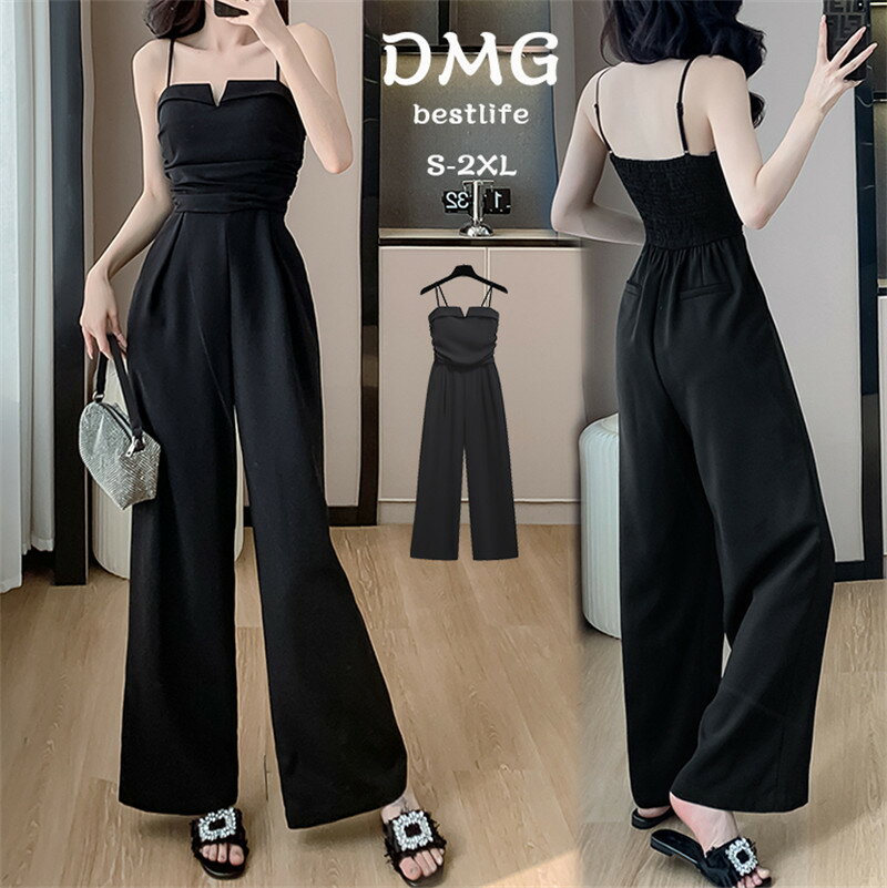 サロペット パンツ レディース ボトムス オーバーオール ズボン ロングパンツ 長ズボン ロング丈 ノースリーブ キャミソール ゆったり 着痩せ 春 夏 タックサロペット