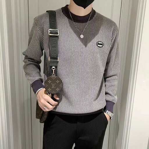 ニット メンズ 秋 秋服 冬 冬服 スエード メランジ セーター クルーネック ビッグ シルエット オーバーサイズストライプ柄 防寒 S M L ニット メンズ 秋 秋服 冬 冬服 スエード メランジ セーター クルーネック ビッグ シルエット オーバーサイズストライプ柄 防寒 S M L