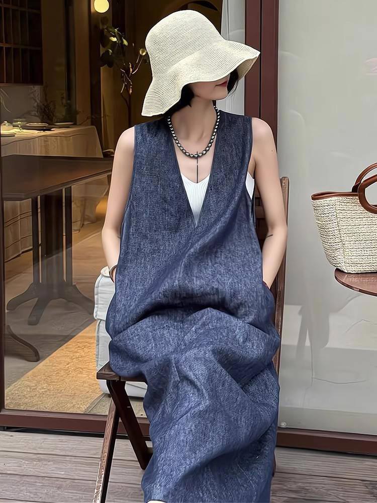 ワンピース ジャンパースカート 夏 レディース ロング ロングワンピース ワンピ ジャンスカ オールインワン Vネック レイヤード 体型カバー デニム風 キャミワンピ ノースリーブ ゆったり ポケット 無地 オフィス 重ね着 セレモニー きれいめ 春 夏 秋 冬