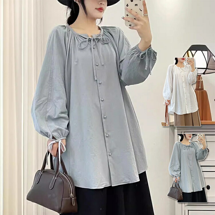 シャツ 長袖シャツ レディース トップス 薄手 秋 ゆったり ブラウス クルーネック ゆったり 無地 シンプル おしゃれ 体型カバー ロング丈 ロングシャツ 秋服 ガールズ 女子 女性 女の子 レディースファッション エレガントのサムネイル