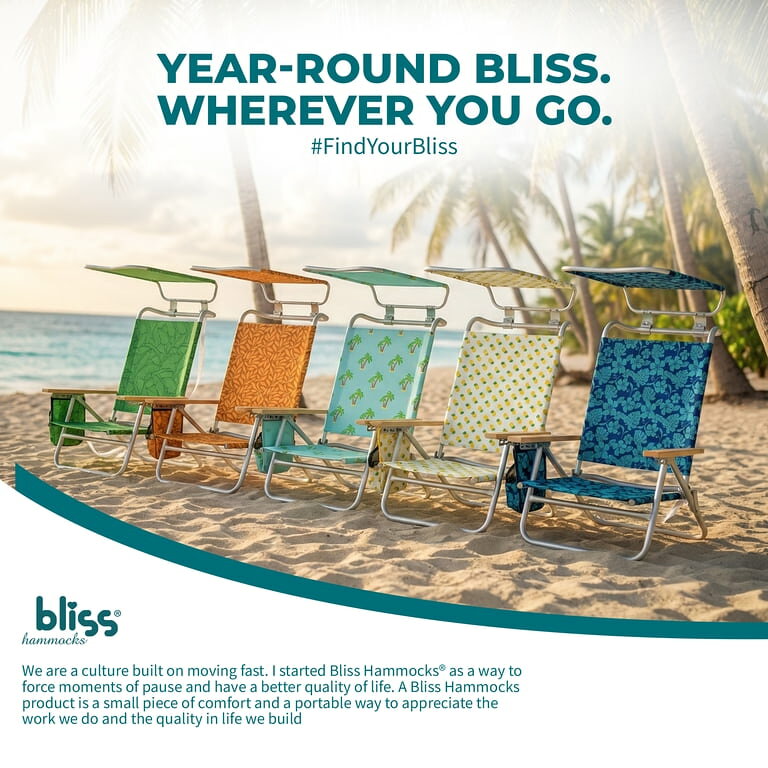 商品情報商品説明海外で大人気のアウトドアブランドBLISS HAMMOCKSより、直射日光をガードするサンシェード（日よけ）付きビーチチェアが上陸！おすすめポイント1. 【日本未発売】希少な海外限定モデル国内では手に入らない、スタイリッシュな海外デザインの折りたたみビーチチェア。周囲と被らない個性的でおしゃれなサイト作り・ビーチスタイルに最適です。2. 快適さを追求した「5段階リクライニング機能」肘掛けのノッチで5段階の角度調整が可能！しっかり座って読書や食事を楽しんだり、深く倒してゆったりお昼寝をしたりと、シーンに合わせた好みのスタイルでくつろげます。またフルリクライニングに近い状態で波の音を聞きながらお昼寝する時間は格別です。3. 直射日光を防ぐ可動式サンシェード（日よけ）頭上に可動式シェードを搭載。強烈な日差しを遮り、真夏のビーチや日陰の少ない場所でも快適。4. 温かみのあるアームレスト＆多機能サイドポケット手触りの良い木製肘掛けと、スマホ・サングラス・ドリンク類をスッキリ収納できるサイドオーガナイザーを標準装備。5. 持ち運びラクラク＆コンパクト収納持ち運びに便利なバックパック風ショルダーストラップ付きで、海やキャンプ場への移動もストレスフリー。当店ではこの商品以外にも、国内未発売の多数のアウトドア用品をご用意しております。是非ご覧いいただきご検討お願いいたします。商品詳細ブランド：BLISS HAMMOCKS品番：BBC-351収納時サイズ：縦約72×横66×厚み24cm使用時サイズ：横幅84cm×奥行64cm×高さ76cm重さ：約3.6kg耐荷重：約124kg製品材質：フレーム:防錆アルミ合金・生地600Dポリエステル：木製アームレストサンシェードUVカット率：約90％リクライニング：5段階カラー：ネイビー・オレンジ・グリーンから選択してください。海外より直輸入の為在庫に限りがありますので希望の色に添え無い場合がありますのでご了承ください。【ご購入前にご確認ください】※本商品は並行輸入品（海外モデル）となります。※製造・輸送の都合上、外箱や本体にスレや小傷が見られる場合がございますが、ご使用には問題ございません。あらかじめご了承ください。注意事項※細部のデザインは製造ロットにより予告なしに若干変更になる場合がございます。 何卒ご了承願います。※海外輸入品に付きスレ、キズ等がある場合がございますので、何卒ご了承願います。※良いものをより安く提供できるよう、エコ梱包させていただいております。初期不良時はパッケージ・付属品などが全て揃っていない場合、交換対応いたしかねますので廃棄・紛失にご注意ください。 ... 保証サポートをする国内代理店が無い海外製品、国内市場向けに提供されていない海外メーカーの並行輸入品なども保証期間は到着後7日間です。必ず問合せメールより連絡を行ってください・到着後7日を超える物の交換・返品・修理など一切の対応をいたしかねます。必ず上記の点を御了承いただいた上でのご購入をお待ちしております。検索キーワード日よけ付き チェア 屋根付き 折りたたみ 椅子 サンシェード付き アウトドアチェア 日よけ 折りたたみ 椅子 スポーツ観戦 サンシェード チェア 運動会 日よけ付き チェア キャノピーチェア 軽量 コンパクト キャノピーチェア 折りたたみ 持ち運び 日よけ付き アウトドアチェア 持ち運び 屋根付き アウトドアチェア 軽量 日よけ 折りたたみ チェア ビーチチェア リクライニングチェア リクライニングビーチチェア国内未発売 米国発ウォルマート BLISS HAMMOCKS ビーチチェア 屋根付き キャノピーチェアー 日除けチェア アウトドアビーチチェア リクライニングチェア リクライニングローチェア 日焼け対策 折り畳みチェア アウトドアチェア 砂浜チェア 送料無料 キャンプ アウトドア グランピング ベッド リクライニングチェア リラックスチェア ビーチチェア コット 折畳ベッド 折畳コット アウトドアーベッド プレミアムチェア 座椅子 5