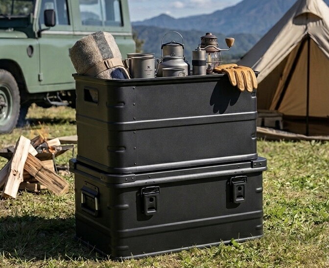商品情報商品説明こちらはGENERIC OUTDOORマットブラックスタッキングアルミボックスwith49の登場です。GENERIC OUTDOORはノーブランドの意味を持ちシンプルで無駄なブランドロゴ等は一切御座いません。購入されたお客様がステッカーなどでカスタマイズして頂き自分好みで仕上げて頂くようにあえてブランドロゴや拘り等を無くしたアルミコンテナになります。軽量なアルミ製の収納ボックスで、ガレージ・車内・インテリア・キャンプ用品など様々な収納用途に活躍します。GENERIC OUTDOORやCHANODUG OUTDOORNO49～50リッターサイズのアルミコンテナボックスの上にスタッキング（積み重ねて使用）する事を前提とした設計となっており、積み重ねた際の安定感も抜群です。その他の49L～50Lのアルミコンテナボックスにスタッキング(積み重ね)もできる仕様になりガイドが天板の四隅に付くので、車での積載移動時に崩れる心配もありません。アウトドアだけでなく屋内での使用にも適しています。このスタッキングアルミボックスwith49はインダストリアルの輸送に使用される業務用アルミコンテナになりその無骨な仕上がりはインテリアとしても存在感があり、空間の雰囲気を格上げしてくれます。また車への積載に適しているのでアウトドアギアなどの運搬にもGOOD。今回のスタッキングアルミボックスwith49には内部底面に1.5cmのウレタンクッション材の中敷きを標準セットになっております。また組立はリベット固定の為、ネジ固定のように内容物をキズ付ける事もありません。GENERIC OUTDOORですのでシンプルで無駄なブランドロゴ等は一切御座いません。おそらく数回使えばキズや凹みが発生しますがそれも愛用の証お好みのステッカーで個性的に仕上げてください。商品詳細ブランド：GENERIC OUTDOOR品番：GW-49Bwith49サイズ外寸：約横幅57×奥行37×高さ27.5cmサイズ内寸：約横幅56×奥行36×高さ26.5cm容量：49L重さ：約3.0kgアルミ コンテナボックス 50lサイズ外寸：約横幅580×奥行380×高さ280mmサイズ内寸：約横幅540×奥行340×高さ260mm容量：50L重さ：約4.6kg材質：アルミ合金積載量：30kg耐荷重（静止荷重）：約30kgカラー：マットブラックアルミボックスwith49 セット内容：マットブラックスタッキング アルミボックスwith49 （49リットル）1点・クッション中敷き1点/アルミコンテナボックス 50lセット内容：マットブラックアルミコンテナボックス50l（50リットル）1点・クッション中敷き1点注意：写真にはアルミコンテナボックス50Lとスタッキングアルミボックスwith49 をスタッキングして掲載をしていますがイメージ図です。スタッキングアルミボックスwith49 1点又はアルミコンテナボックス50Lの別々で販売しております。製品は製造工程上、仕上がりや風合いに個体差があります。材質の特性上、傷や小さなヘコミ、汚れ等があります。これらは製品の特性であり、不良品ではございません。ご理解の上お求め下さい。製品の性質上、鋭利な部分があります。怪我をしないよう十分ご注意ください。ご利用の際はグローブ着用の上ご利用ください。アルミニウムは柔らかい素材の為、傷がつきやすくヘコミやすい素材です。取り扱いにご注意ください。アルミニウムは腐食につよい素材ですが、スチールや銅などの製品と触れたままにしておくと、異種金属接触腐食により腐食する 場合がありますので、ご注意ください。注意事項注意事項※細部のデザインは製造ロットにより予告なしに若干変更になる場合がございます。 何卒ご了承願います。※海外輸入品に付きスレ、キズ等がある場合がございますので、何卒ご了承願います。※良いものをより安く提供できるよう、エコ梱包させていただいております。初期不良時はパッケージ・付属品などが全て揃っていない場合、交換対応いたしかねますので廃棄・紛失にご注意ください。 ... 保証サポートをする国内代理店が無い海外製品、国内市場向けに提供されていない海外メーカーの並行輸入品なども保証期間は到着後7日間です。必ず問合せメールより連絡を行ってください・到着後7日を超える物の交換・返品・修理など一切の対応をいたしかねます。必ず上記の点を御了承いただいた上でのご購入をお待ちしております。検索キーワードアウトドア アルミコンテナ 49l 50 キャンプ アルミコンテナ 頑丈 アルミコンテナ ボックス キャンプギア 収納 おしゃれ アルミコンテナ キャンプ スタッキング アルミコンテナ ダルトン アルミコンテナ DELTA ANOBAGENERIC OUTDOOR マットブラック スタッキングアルミボックスwith49 ガレージ収納箱 アルミボックス キャンプギア収納箱 トランクボックス aluminum box アウトドアコンテナボックス スタッキングボックス アウトドアギアボックス 車内収納 道具箱 工具箱 送料無料 NEW スタッキング アルミ コンテナボックス アウトドアコンテナボックス キャンプ道具収納箱 トランクボックス キャンプグッズ収納ボックス おしゃれインテリア 店舗什器 5