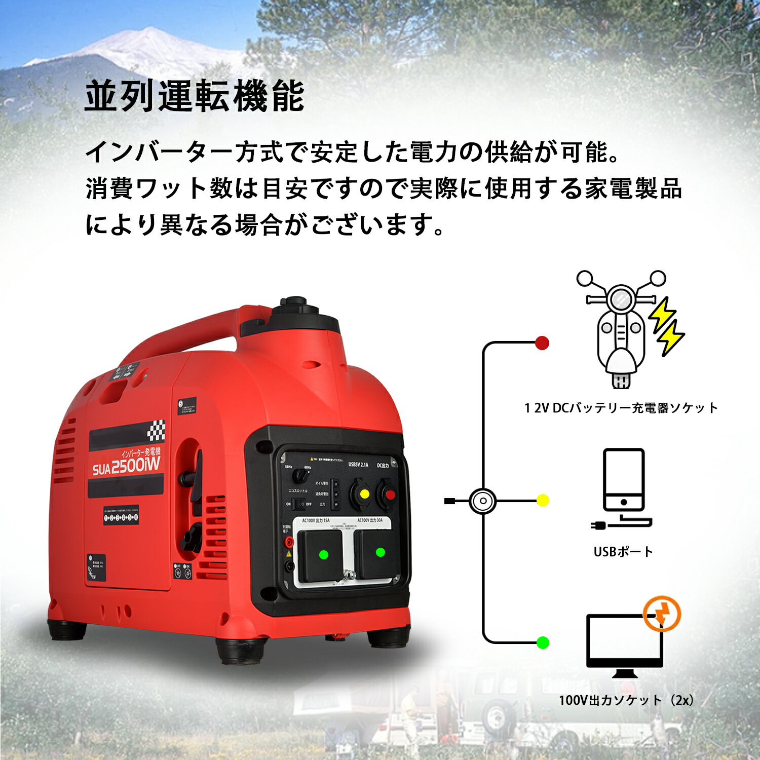 全日本送料無料 Susemse 発電機 2500w Pse認証 正弦波 Ac出力 Dc出力低燃費 低騒音 長時間運転 車中泊 キャンプ用品 防災グッズ アウトドア 停電時 緊急避難用品 赤い2500iw