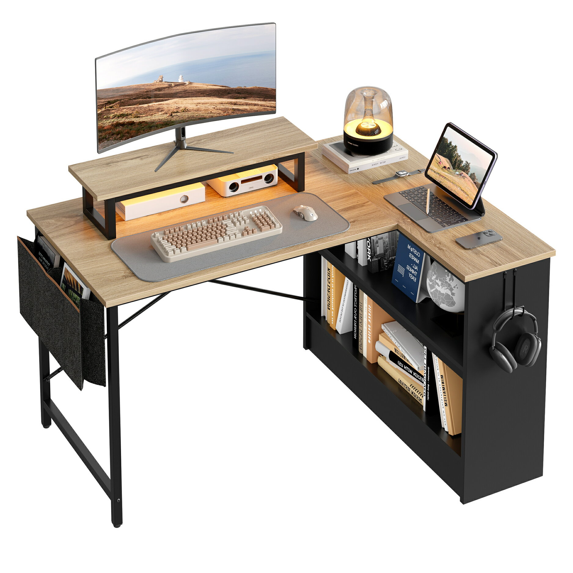 ＼レビュー特典あり！／Bestier ユニットデスク l字デスク パソコンデスク 幅107cm 在宅勤務 デスク 勉強机 学習机 コンパクト 収納 机 pcデスク 収納袋付き LEDライト付き コーナーデスク ワークデスク 左右入替可 おしゃれ ビンテージ デスク モニター台付き 机